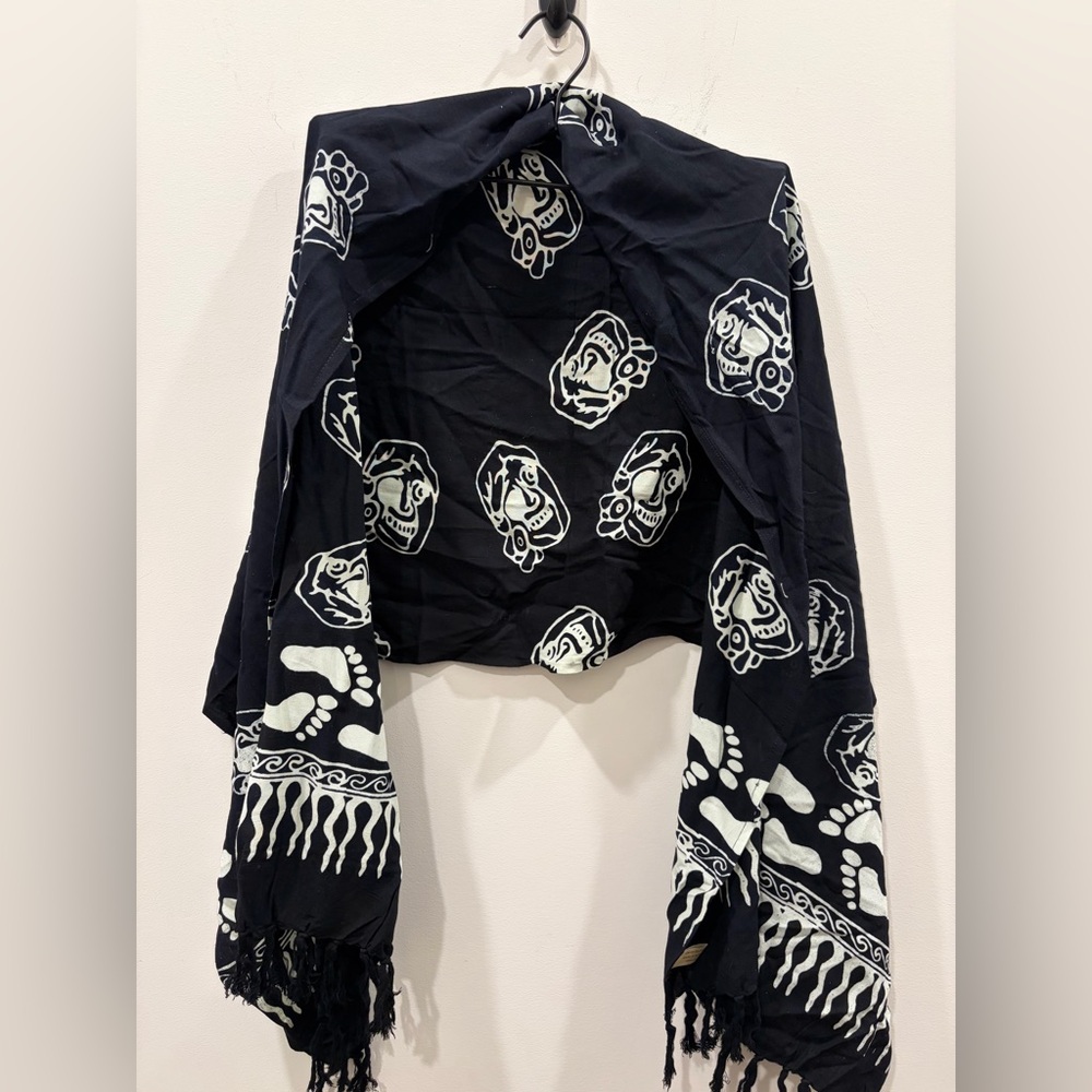 Black Skull Print Fringe Scarf - Lightweight Women's Wrap bohemian